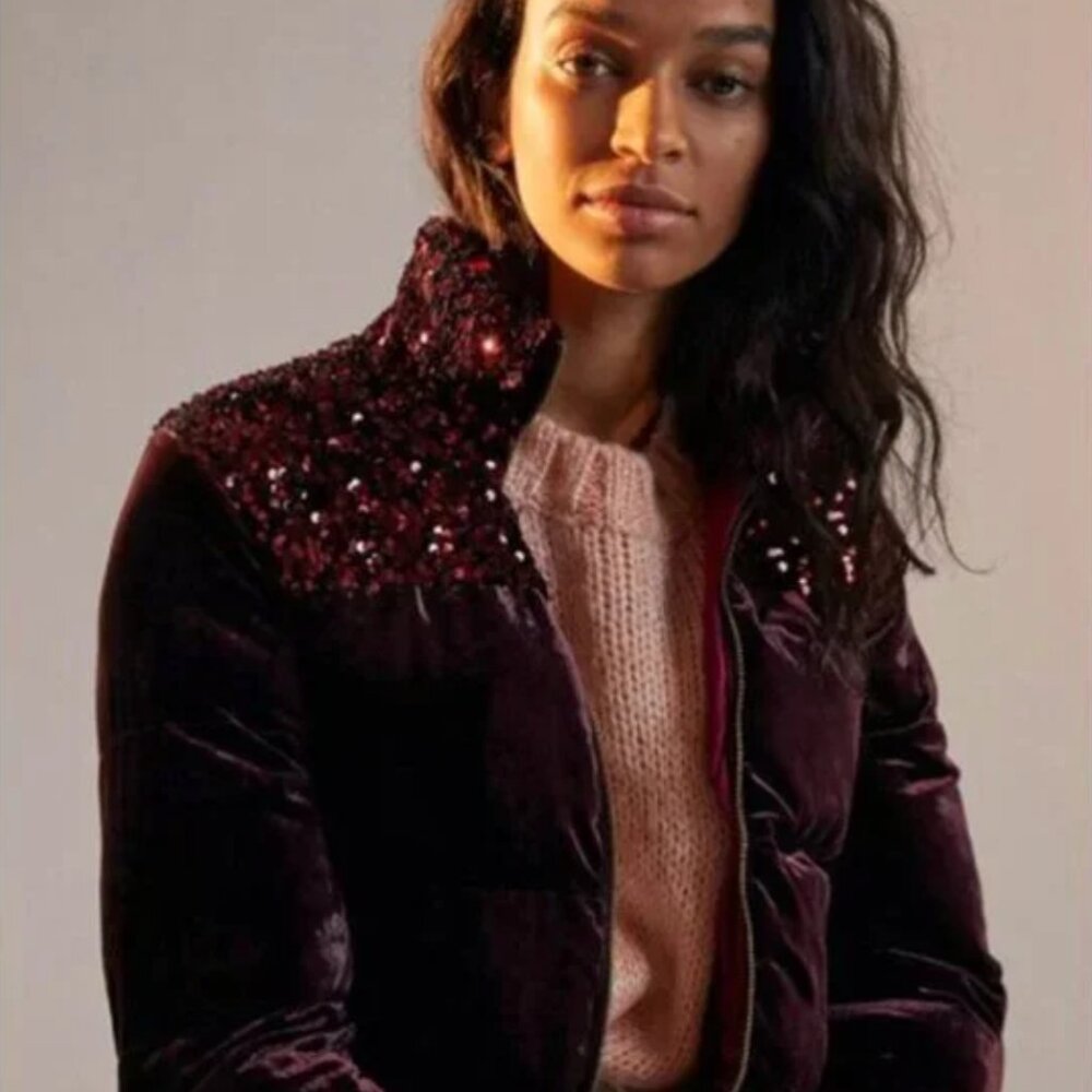 NWT Anthropologie Maeve Sequined Burgundy Puffer Jacket with High Collar Size S